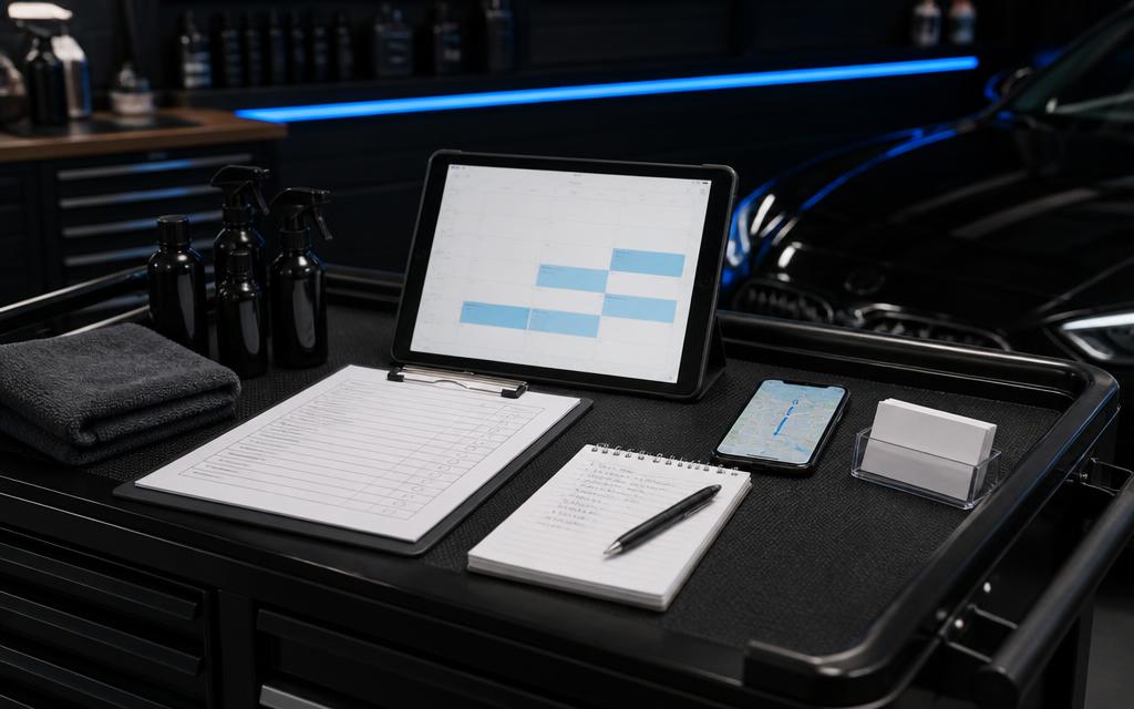 Mobile detailing business essentials: scheduling, service checklist, and booking tools on a professional workbench