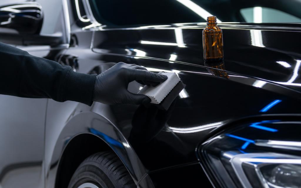 Gloved hand applying ceramic coating with a suede applicator to prepared black paint