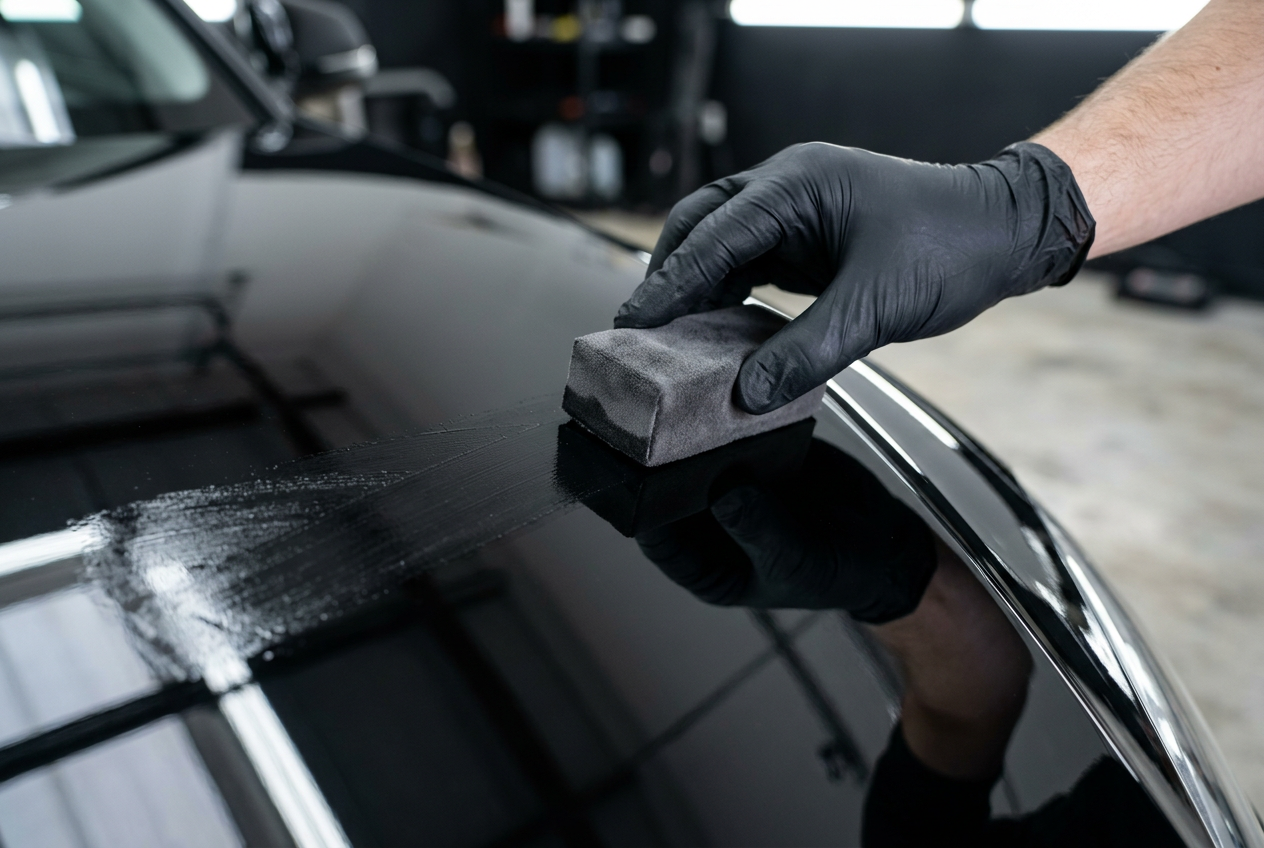 Suede applicator applying ceramic coating to glossy black paint