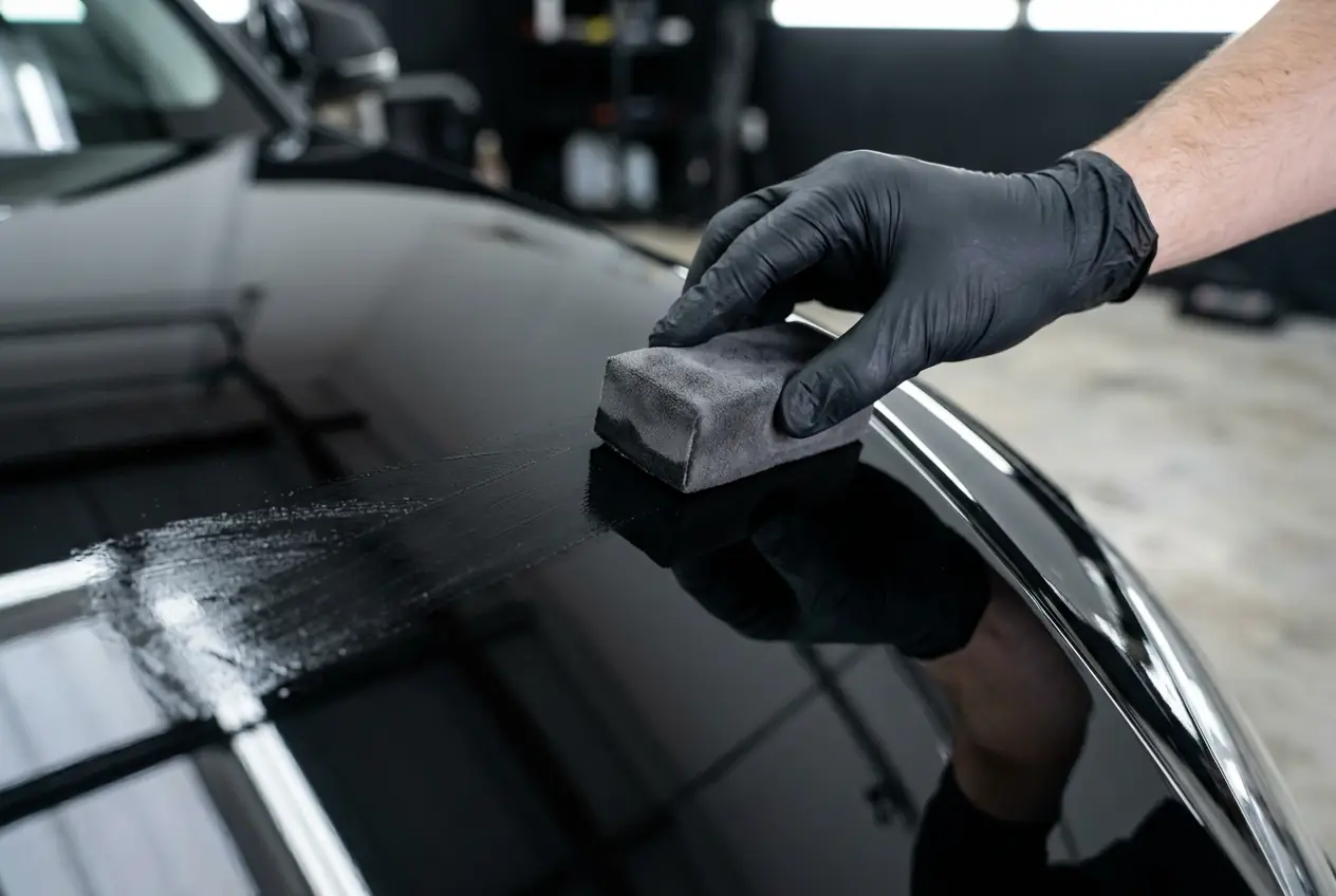 Suede applicator applying ceramic coating to glossy black paint