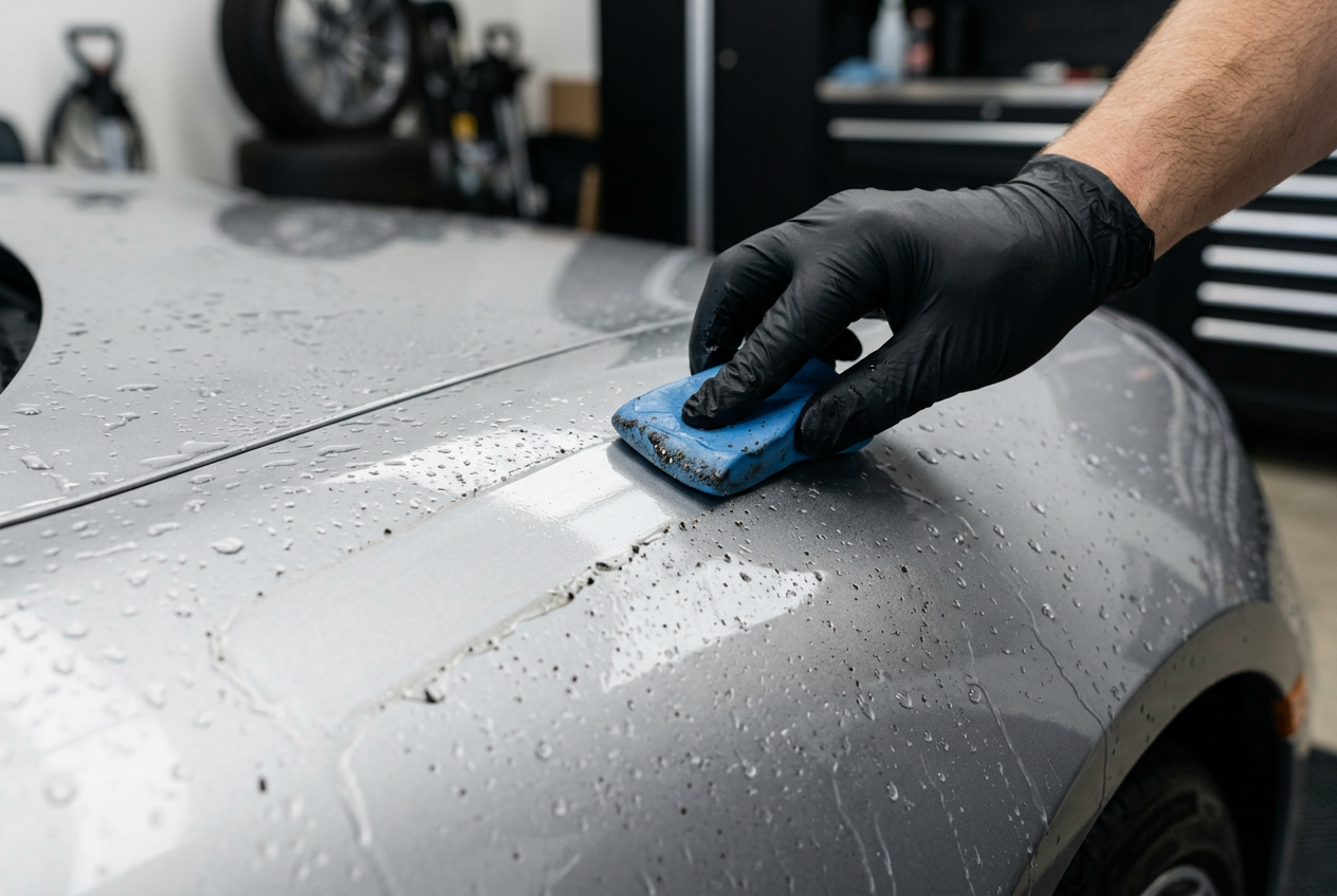 Clay bar removing bonded contamination from wet silver vehicle paint before waxing