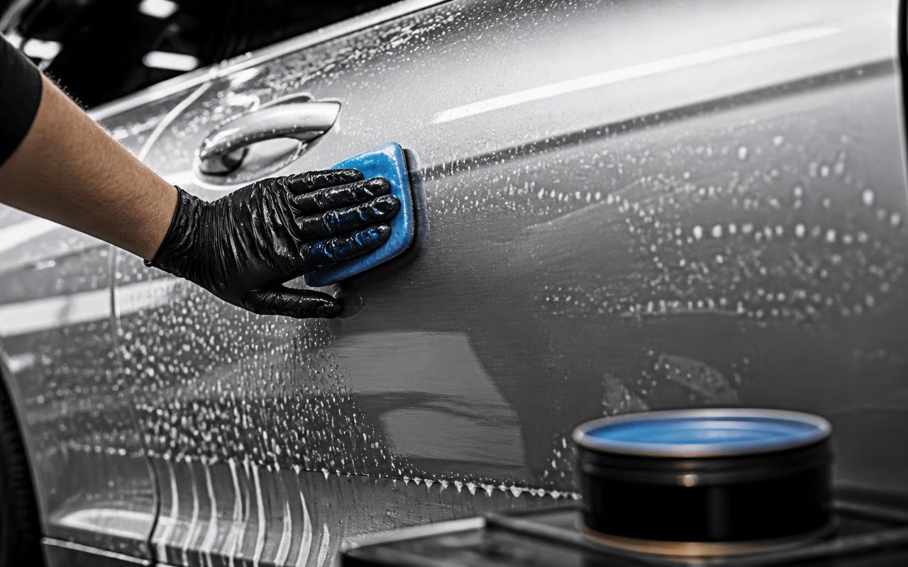 Blue clay bar gliding across a soapy silver car door with premium wax nearby in Lewisville, NC