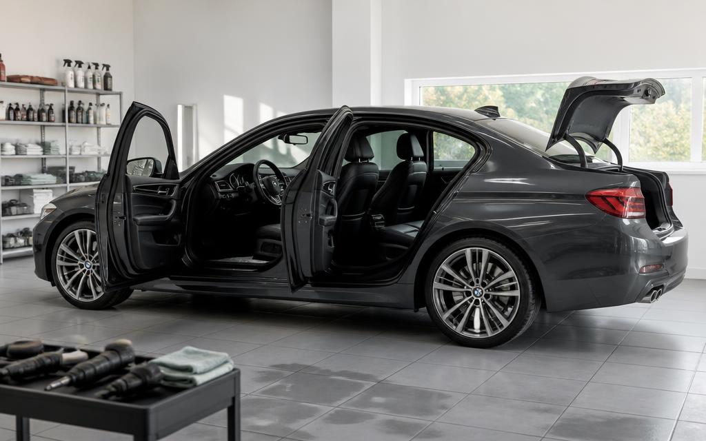 Fully detailed sedan with staged detailing tools inside a clean detailing bay
