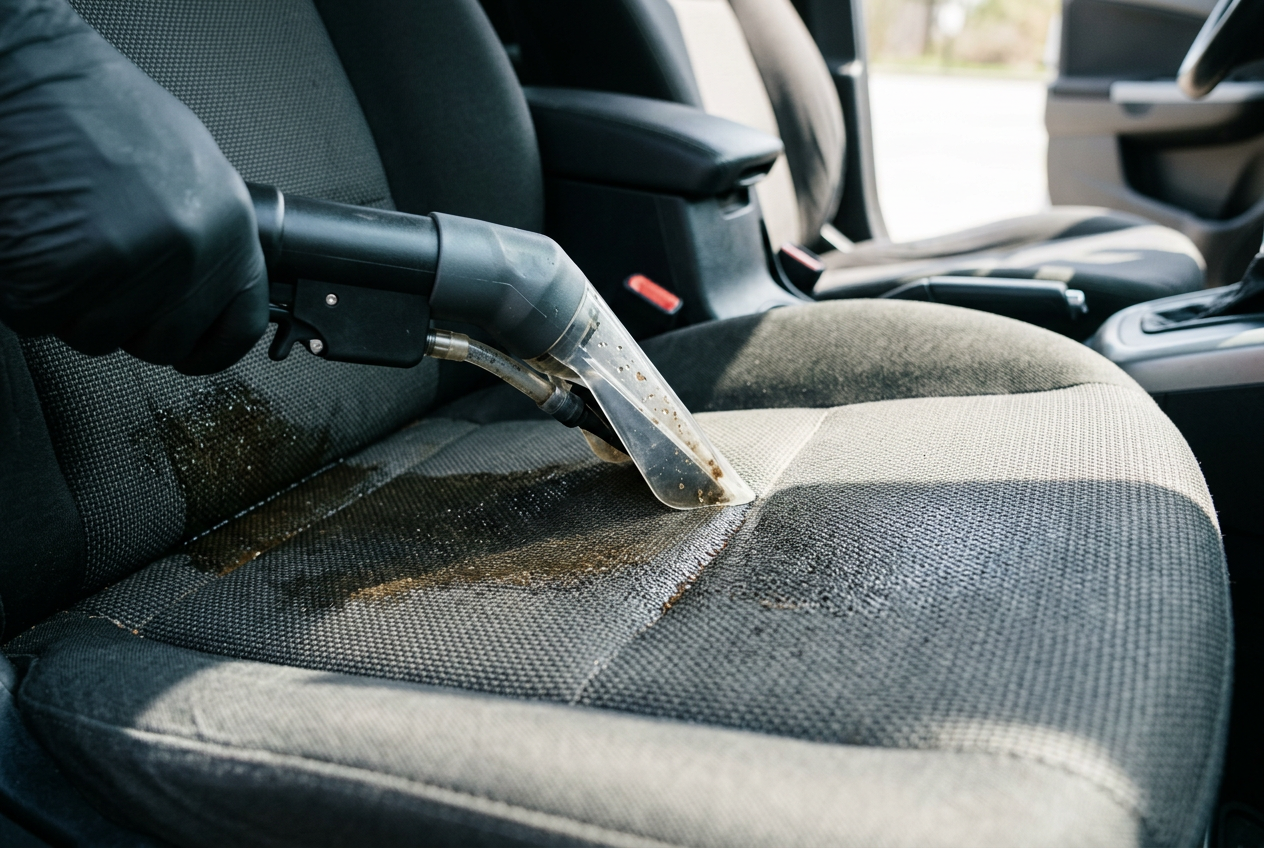 Upholstery extractor removing a visible stain from fabric vehicle seating during deep interior cleaning