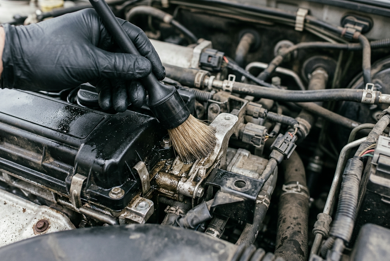 Detailing brush cleaning safe engine-bay surfaces and plastic covers
