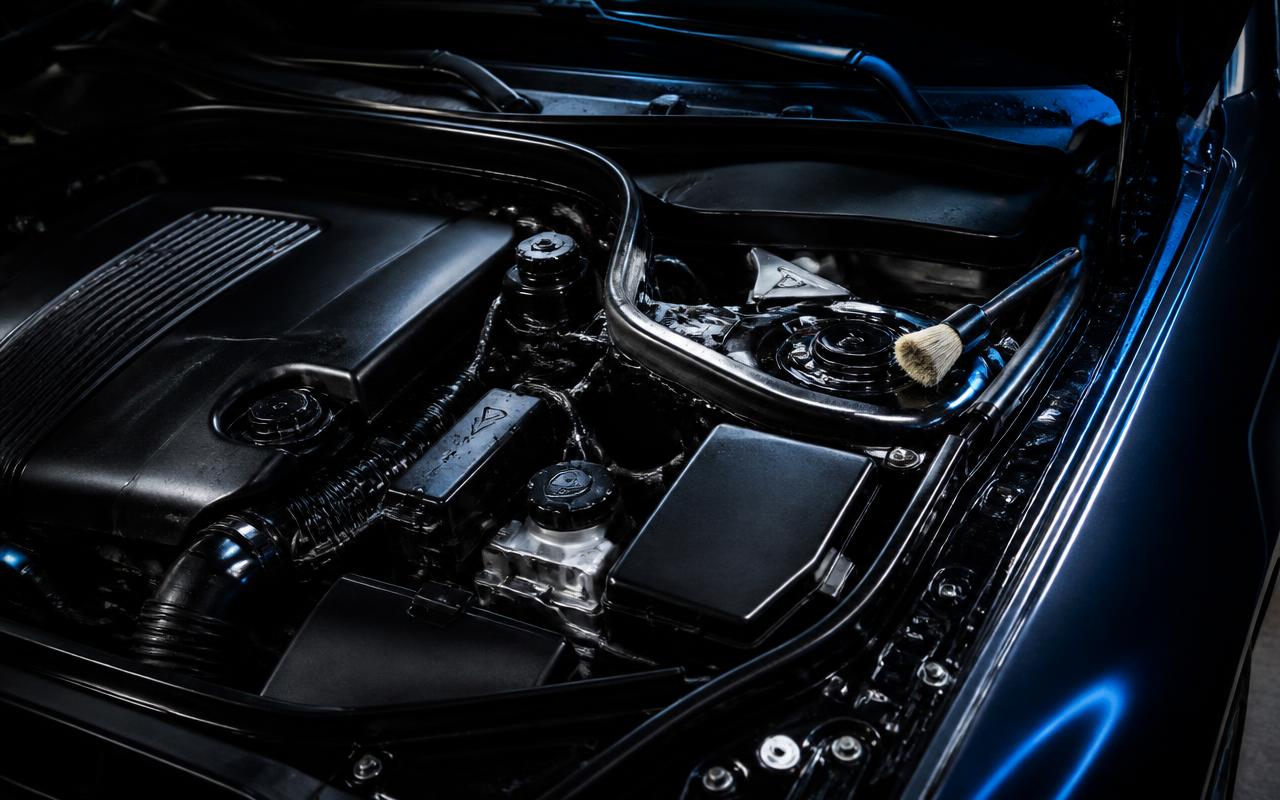 Freshly cleaned modern engine bay with a soft detailing brush resting on the strut tower in Lewisville, NC