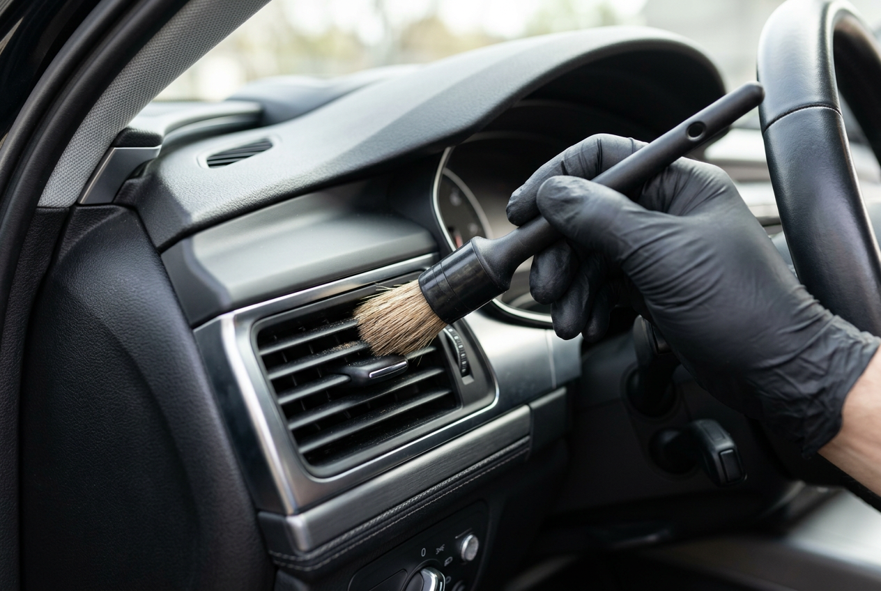 Detailing brush cleaning dashboard air vents during an Express interior detailing service