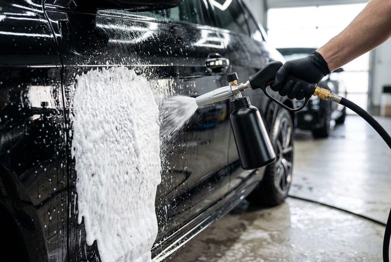 Foam cannon applying foam to a black vehicle during exterior detailing