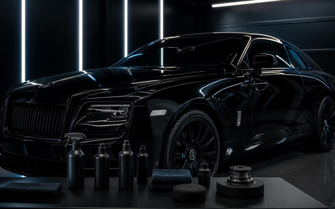 Gleaming black luxury coupe with arranged premium detailing products in a studio setting in Lewisville, NC