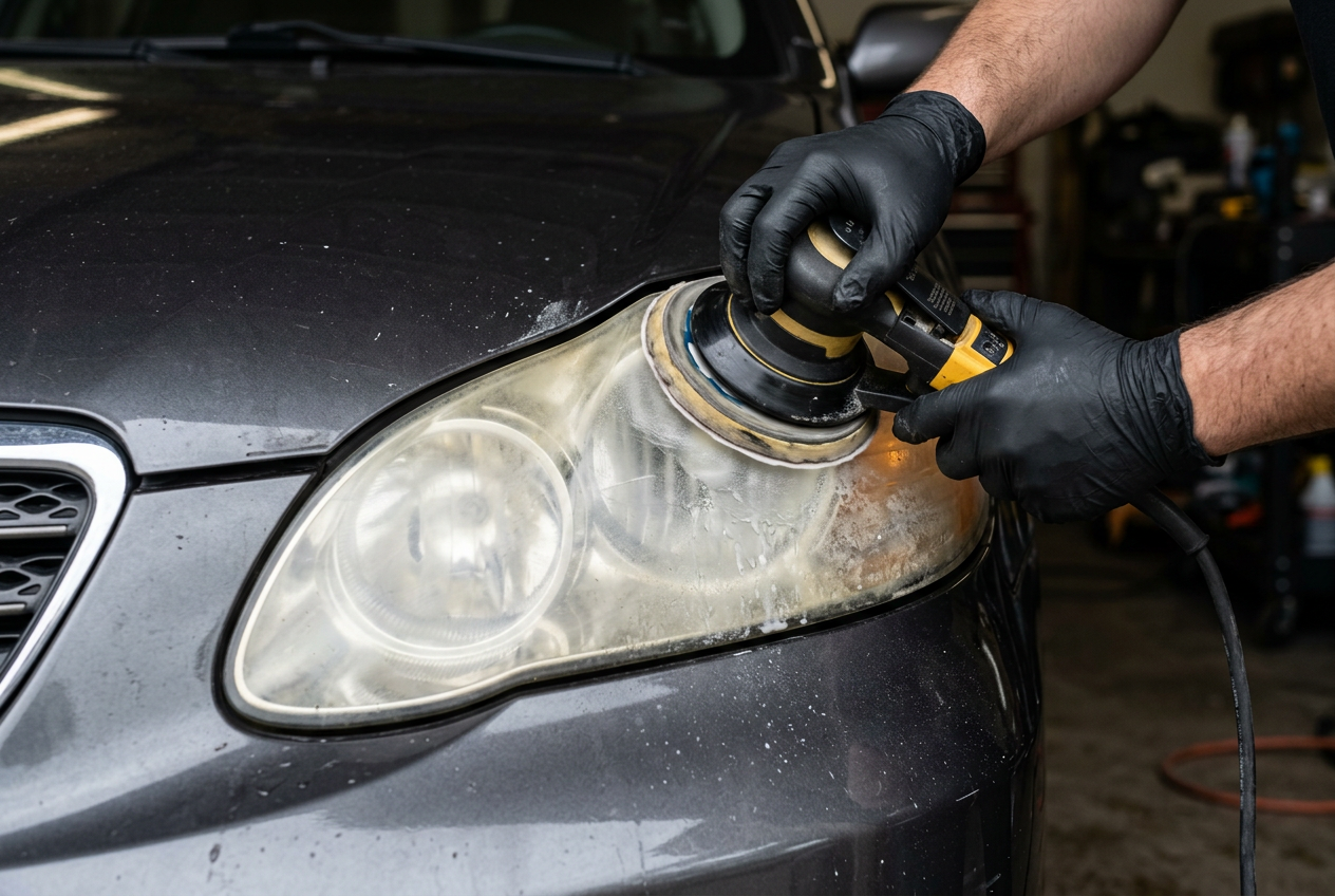 Orbital sander restoring a hazy headlight lens