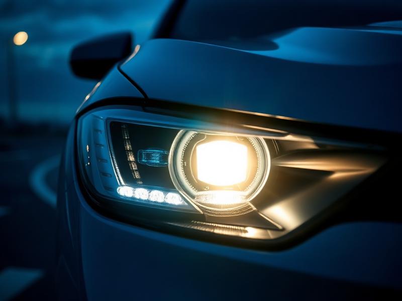 Restored crystal-clear headlight glowing on a modern car at dusk