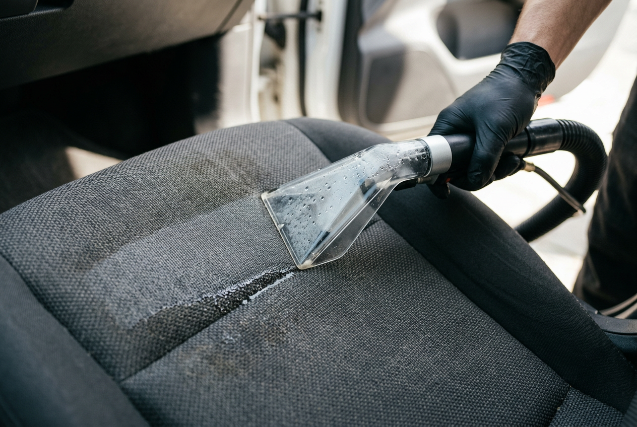 Extractor nozzle cleaning gray upholstery during an Interior Detail