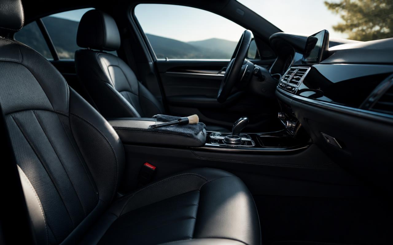 Spotless luxury car interior with black leather seats and a detailing brush on the console in Lewisville, NC