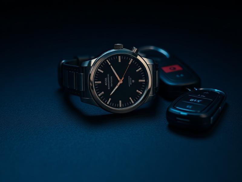 Wristwatch and car keys on a dark surface symbolizing punctual mobile service