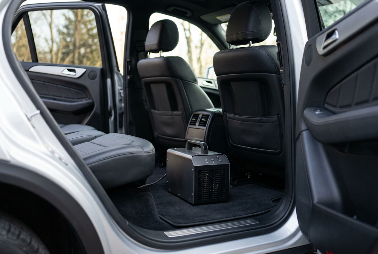 Ozone generator positioned inside an empty vehicle cabin for odor treatment