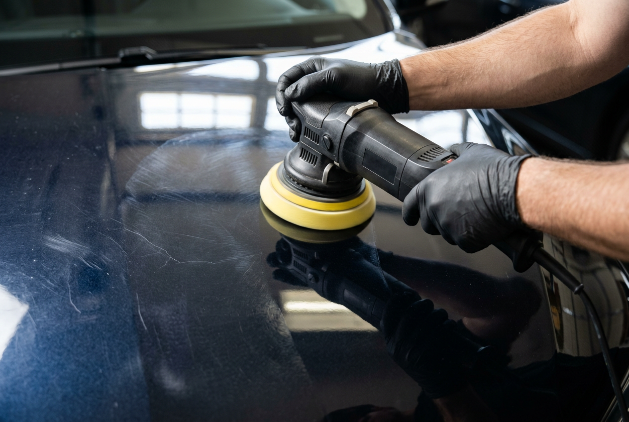 Dual-action polisher correcting light paint defects on a dark vehicle hood during paint enhancement