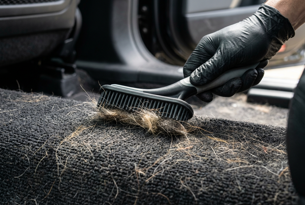 Rubber pet-hair brush removing embedded pet hair from dark vehicle carpet