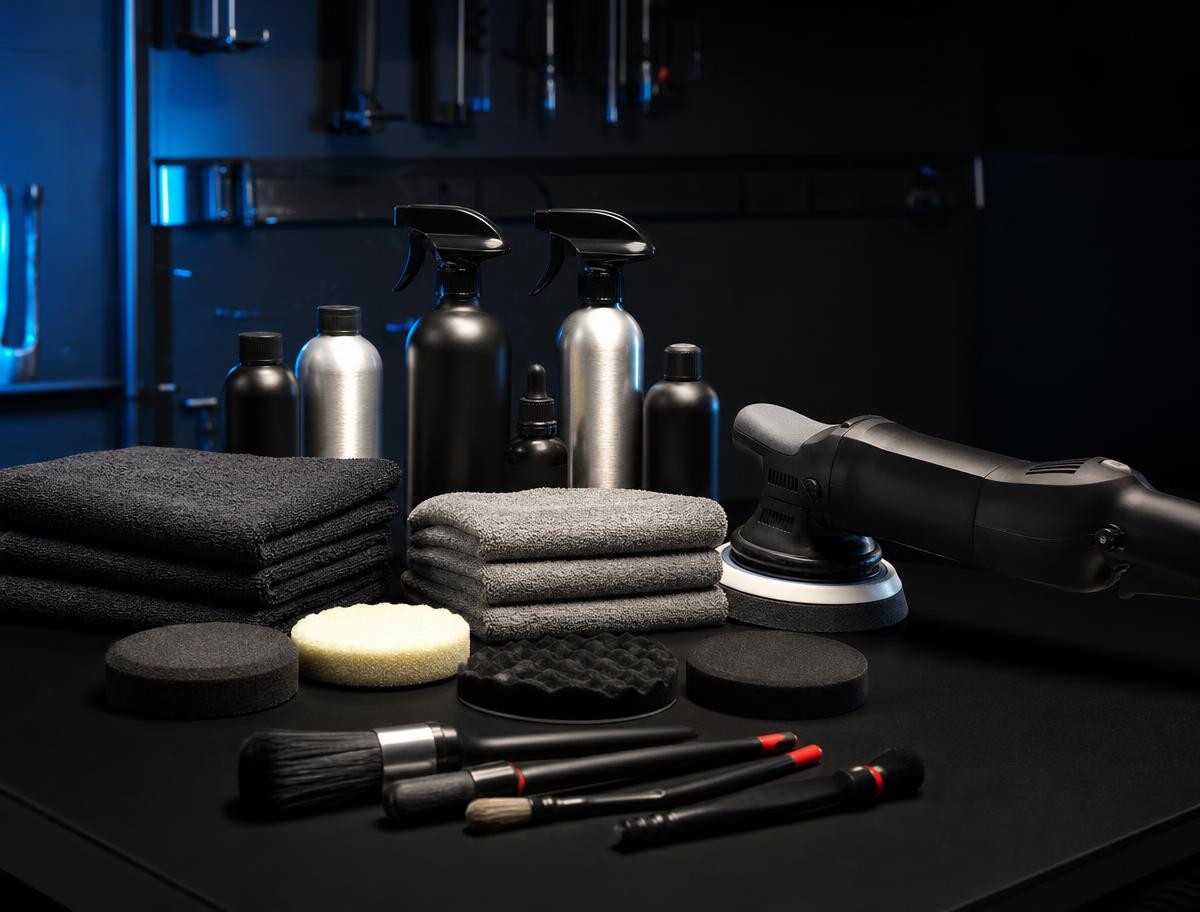 Premium professional auto detailing products, microfiber towels, and polisher arranged on a matte black workbench