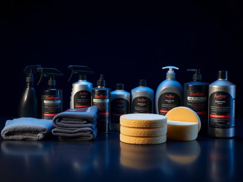 Professional auto detailing products, microfiber towels, and applicator pads arranged on a dark surface