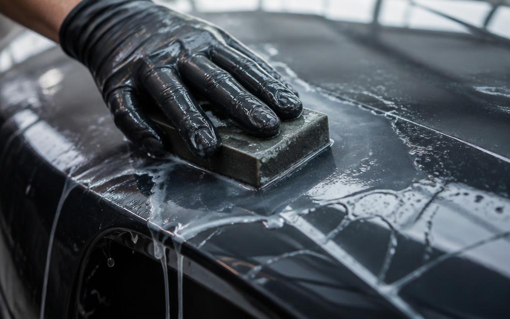 Gloved hand wet-sanding automotive clear coat during certified sanding and polishing training