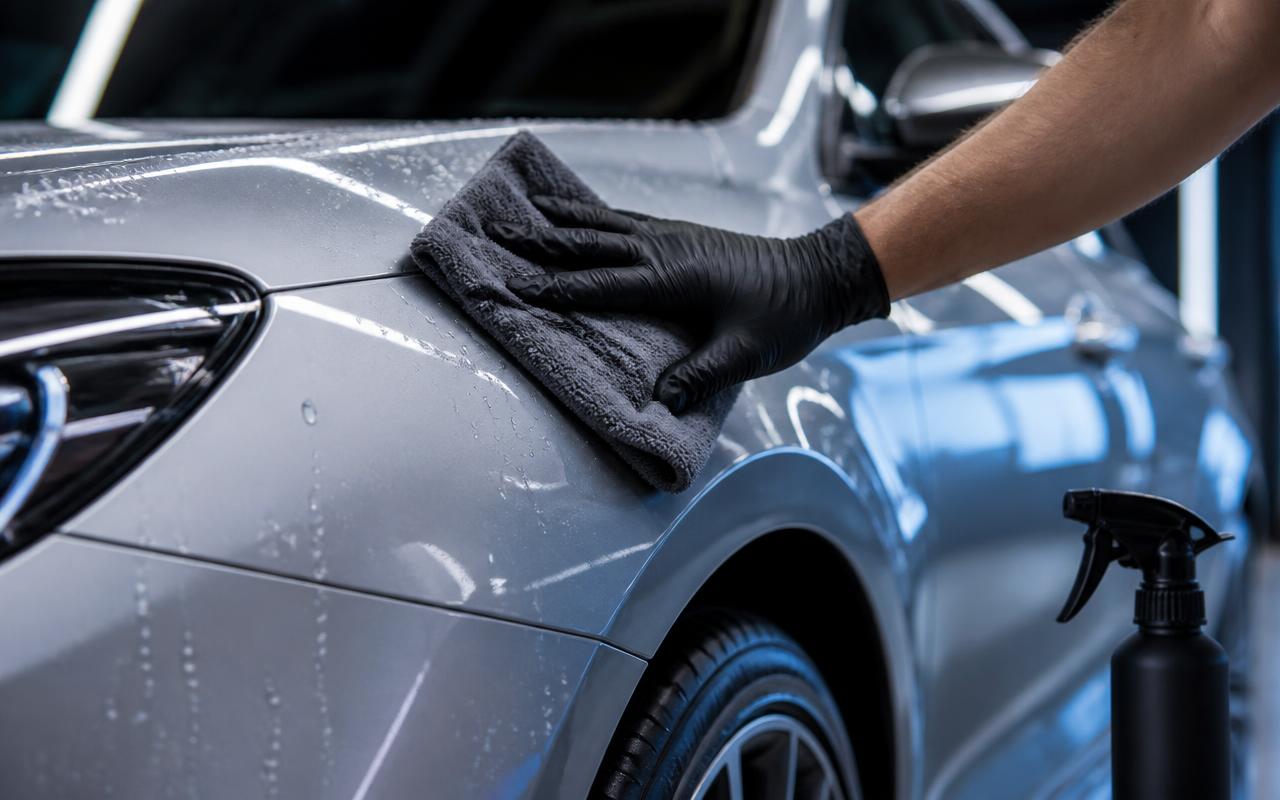 Gloved hand wiping a silver metallic sedan fender with a plush microfiber towel in Lewisville, NC