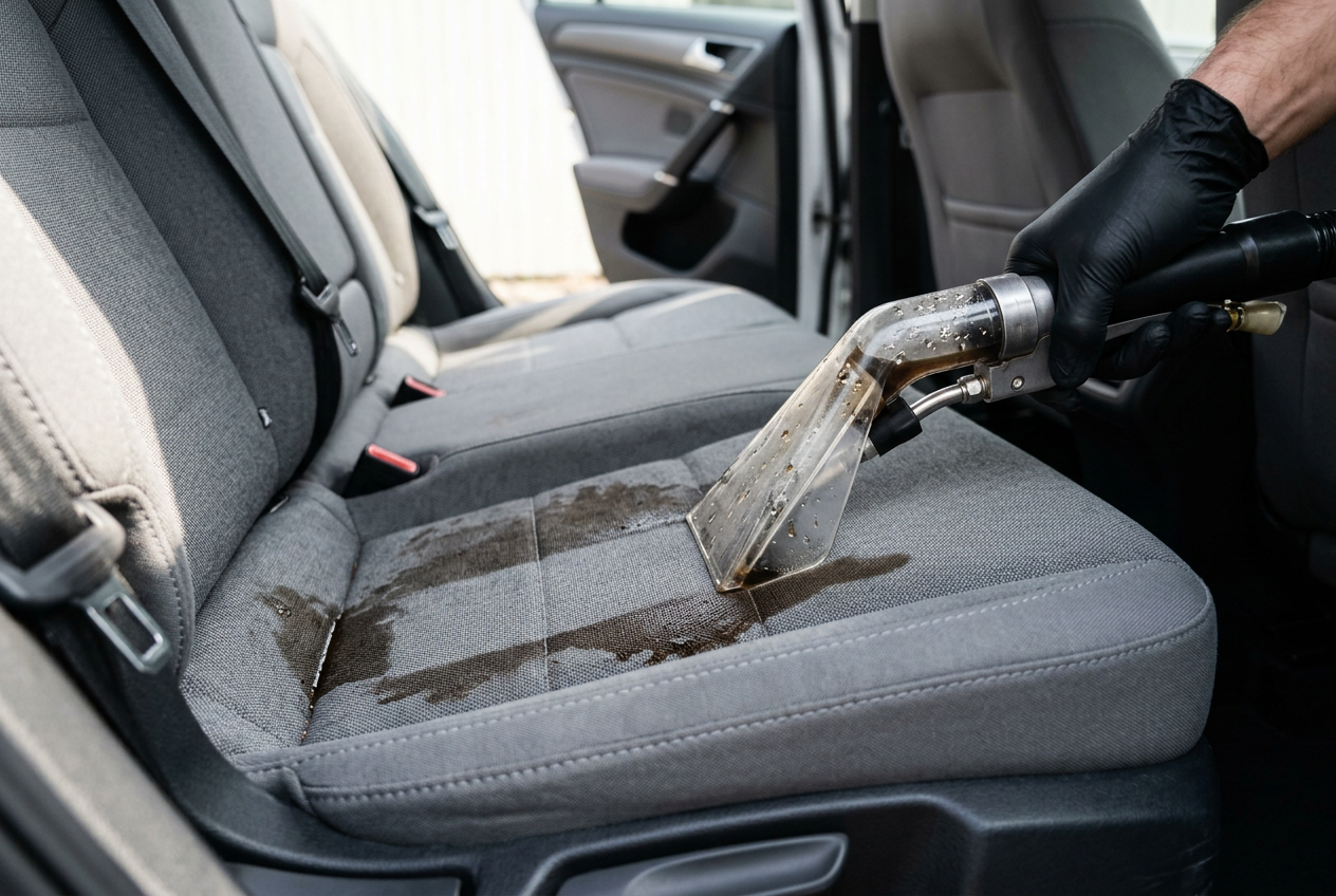 Upholstery extractor treating a visible stain on gray fabric vehicle seating