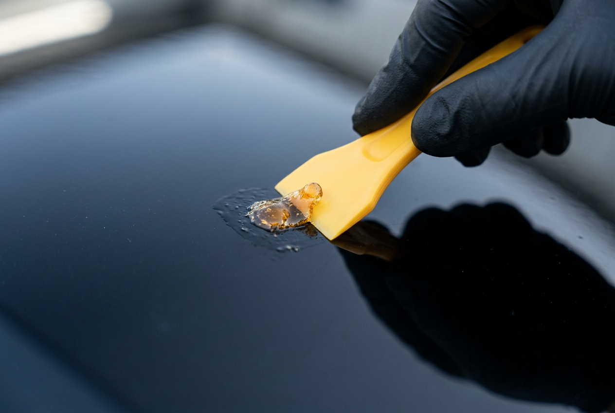 Plastic detailing scraper safely lifting amber tree sap from glossy dark vehicle paint