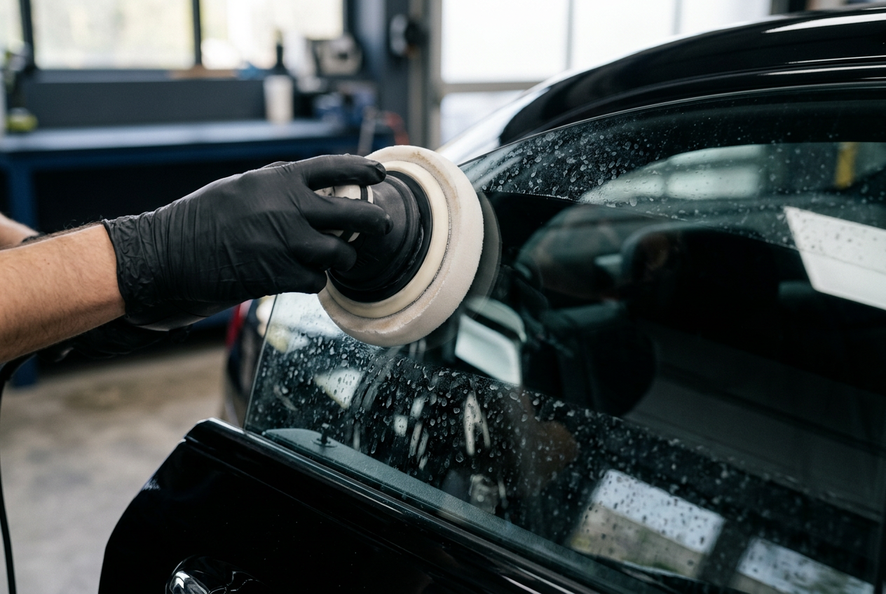 Polishing pad removing mineral water spots from automotive glass