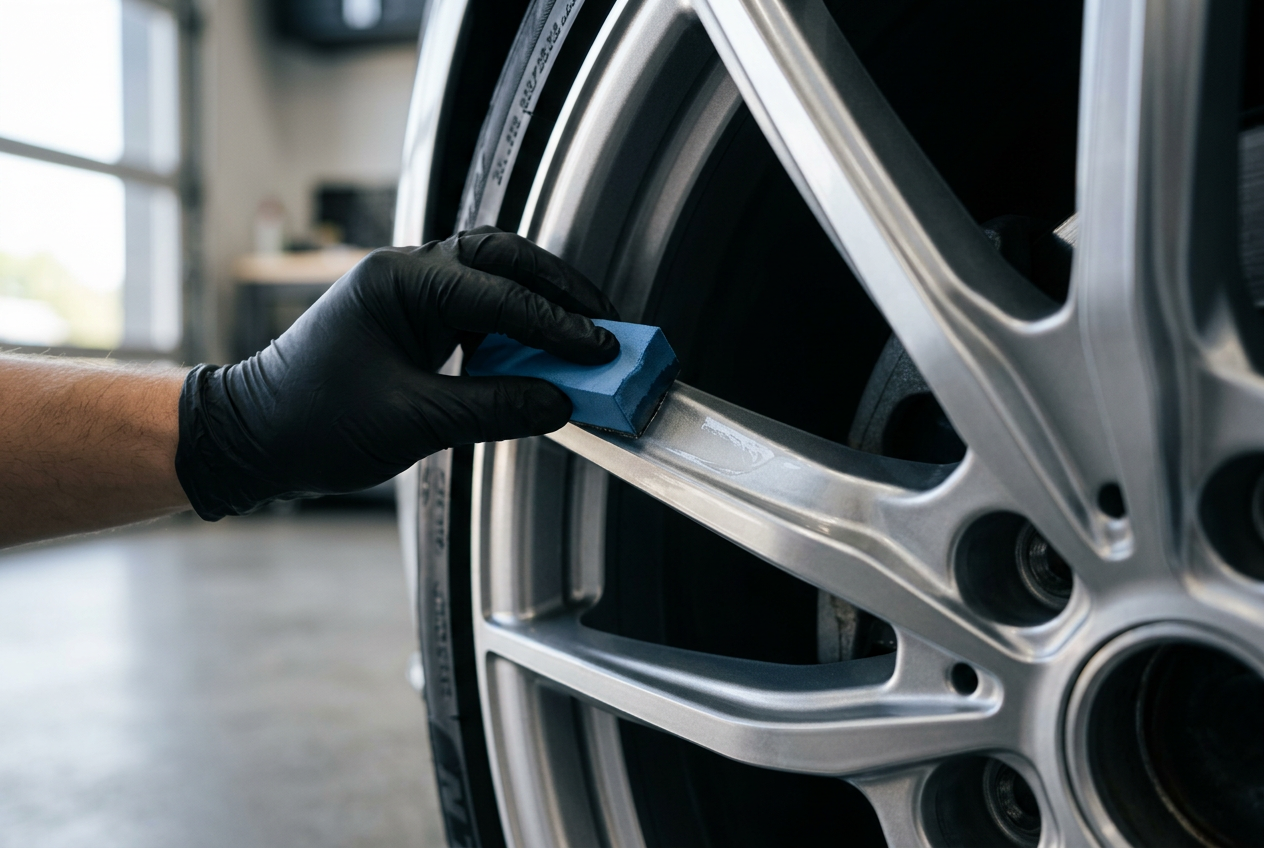 Small coating applicator protecting a clean silver alloy wheel spoke